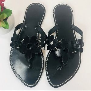 Black leather flower sandals